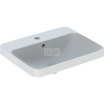 Umywalka GEBERIT Variform prostokątna, biała, 550mm, otwór na baterię na środku, wpuszczana w blat, z odpływem przelewowym, półka od ściany