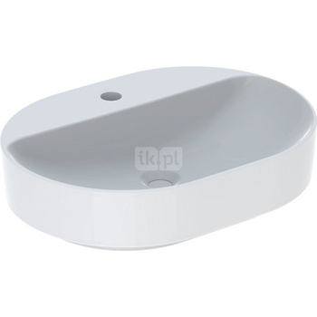 Umywalka GEBERIT Variform eliptyczna, biała, 600mm, otwór na baterię na środku, stawiana na blat, bez odpływu przelewowego, półka od ściany