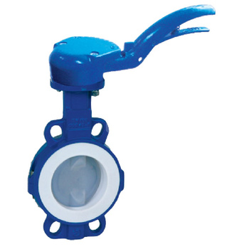 Przepustnica bezkołnierzowa LYCENE z napędem ręcznym dźwigniowym, dysk: powlekany PFA, wykładzina: PTFE, korpus: GGG40 epoksyd., Pnom 1,0 MPa, tmax=200 st.C DN 125