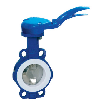 Przepustnica bezkołnierzowa LYCENE z napędem ręcznym dźwigniowym, dysk: Duplex, wykładzina: PTFE, korpus: GGG40 epoksyd., Pnom 1,0 MPa, tmax=200 st.C DN 32