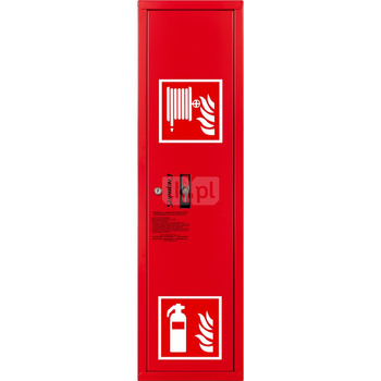 Hydrant DN 52 zawieszany boczny z koszem, z miejscem na gaśnicę, wąż 15 m, zamek patent, RAL 3000 lewy