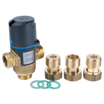 Zawór regulacyjny termostatyczny do wody ciepłej AFRISO ATM 341 ze śrubunkami mosiądz GZ 3/4'', DN 15, zakres temp. 20-43'C, Kvs 1.6 m3/h, maksymalna temperatura 90'C, maksymane ciśnienie 10 bar
