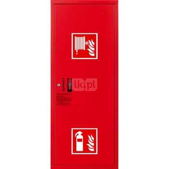 Hydrant DN 33 zawieszany boczny z miejscem na gaśnicę, wąż 20 m, ocynk fasada, zamek patent, RAL 3000 prawy