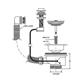 Spust zlewozmywakowy 11/2"x70mm z mechanizmem automatycznym, przelew okrągły