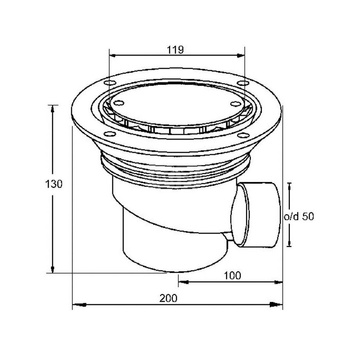 Wpust podłogowy wykonany z ABS z odpływem 50mm, czyszczony od góry z kratką ze stali nierdzewnej120mm