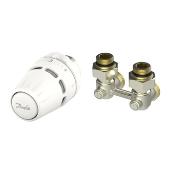 Zestaw termostatyczny kątowy składający się z cieczowej głowicy Regus™ M30 oraz zaworu RLV-KB do grzejników dolnozasilanych. 