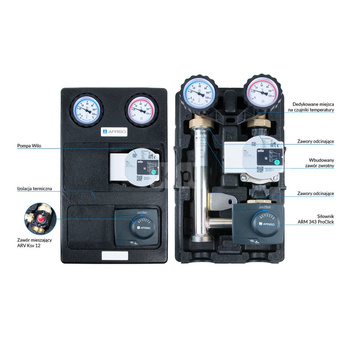 Grupa pompowa AFRISO PrimoTherm K 180-2 DN 25 WP 3-WM-SM GZ x GW 1 1/2'' x 1'', z zaworem mieszającym, z izolacją, z pompą obiegową Wilo Para SC 25/6, z siłownikiem arm 343 proclick