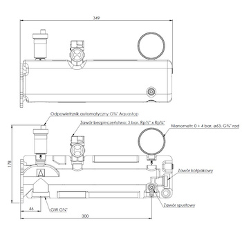 Zespół przyłączeniowy AFRISO GAK 3/4'' GW x GW, max. 3 bar + wskaźnik ciśnienia