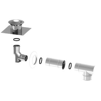 Zestaw powietrzno spalinowy w szacht 60/100 i kondensaty, TWIN 60/100-Trójnik 87 rewizyjny, Twin 60/100- rura dl 250 mm, KOLANO Z PODPORĄ do syachtu 60, KRÓCIEC DYLATACYJNY Z kołnierzem, rozeta płaska biała z uszczelką 60/100