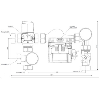 Grupa pompowa AFRISO BTU 501 nakrętka x nakrętka 1'' x 1'', z zaworem mieszającym, z pompą obiegową Grundfos UPM3 Auto