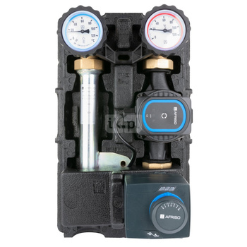 Grupa pompowa AFRISO PrimoTherm K 180-2 DN 25 AP 3-WM-SM GZ x GW 1 1/2'' x 1'', z zaworem mieszającym, z izolacją, z pompą obiegową AFRISO APH 361 25-7/180 mm, z siłownikiem arm 343 proclick