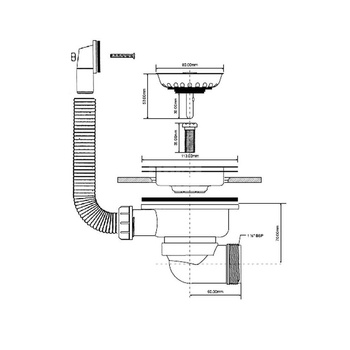 Spust zlewozmywakowy odejście poziome 11/2"x113mm z sitkiem wyciąganym ze stali nierdzewnej, przelew prostokątny