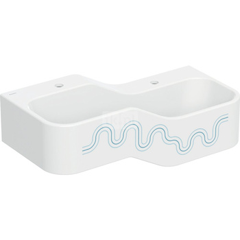 Umywalka GEBERIT Bambini 2-stanowiskowa prostokątna (rynna, elementy dekoracyjne), biała, 900mm, otwór na baterię na środku (x2), bez odpływu przelewowego, półka od ściany