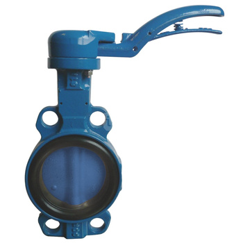 Przepustnica bezkołnierzowa SYLAX z napędem ręcznym dźwigniowym, dysk: GGG40 epoksydowany, wykładzina: NBR, korpus: GGG40 epoksyd., Pnom 1,6 MPa, tmax=85 st.C DN 150