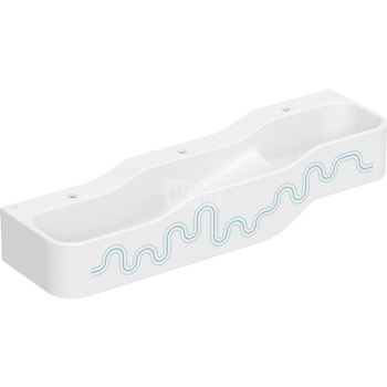 Umywalka GEBERIT Bambini 3-stanowiskowa prostokątna (rynna, elementy dekoracyjne), biała, 1400mm, otwór na baterię na środku (x3), bez odpływu przelewowego, półka od ściany