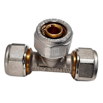 Trójnik QIK Skręcany do rur wielowarstwowych redukcja mosiądz 16 mm x 20 mm x 16 mm (złącze skręcane x złącze skręcane x złącze skręcane)