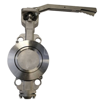 Przepustnica bezkołnierzowa EMARIS z dźwignią reczną, dysk: AISI316, wykładzina: PTFE +15% Grafit, korpus: AISI316, Pnom 2,5 MPa, tmax=260 st.C DN 65