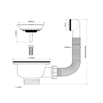 Spust zlewozmywakowy 11/2"x113mm z sitkiem wyciąganym ze stali nierdzewnej, przelew okrągły