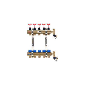 Rozdzielacz do ogrzewania podłogowego QIK BASIC II 5-obieg. mosiądz GW 1'' x GZ 3/4'' + przepływomierz