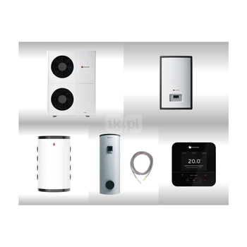 Pompa ciepła powietrzna powietrze-woda monoblok SAUNIER DUVAL GeniaAir HA 10-6 O 9.2 kW 400 V + Moduł naścienny HE 9-6 WB + Moduł komunikacji internetowej SR 940f + Zasobnik c.w.u. FEW 300 + Zasobnik buforowy WR RW 50 + Regulator SRC 720