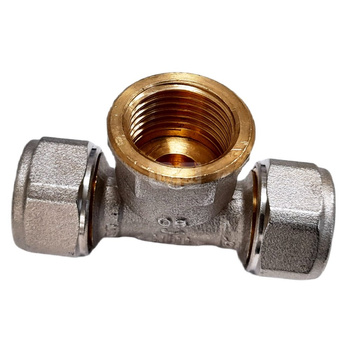 Trójnik QIK Skręcany do rur wielowarstwowych mosiądz 16 mm x 1/2'' x 16 mm (złącze skręcane x GW x złącze skręcane)