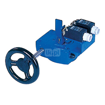 Ręczna przekładnia ślimakowa, smarowana fabrycznie - dożywotnio, napędzana kółkiem ręcznym wyposażona w dwa wyłączniki krańcowe DN450