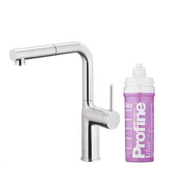 DUERO PURE MOVE PULL-OUT Bateria kuchenna z funkcją filtracji wody i wyciąganą wylewką, Stal nierdzewna + Zestaw filtrujący PROFINE Lilac S