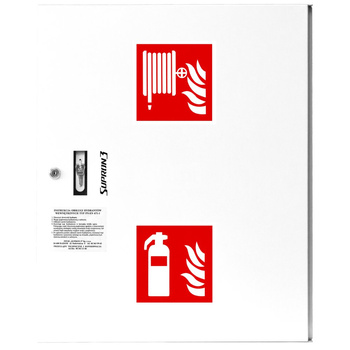 Hydrant DN 52 zawieszany z koszem, 600x500x200 mm, z miejscem na gaśnicę, wąż 20 m, zamek patent, RAL 9003