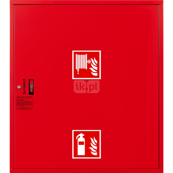 Hydrant DN 33 zawieszany z miejscem na gaśnice pod zwijadłem, wąż 30 m, ocynk fasada, zamek patent RAL 3000