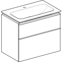 Zestaw umywalki meblowej Geberit iCon slim rim, z szafką pod umywalkę, z dwoma szufladami i zestawem odpływowo-przelewowym do umywalki: B=75cm, Umywalka: biały, Korpus i front: dąb / melaminowa struktura drewna, Uchwyt: lava / malowany proszkowo, matowy