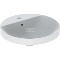 Umywalka GEBERIT Variform okrągła, biała, 480mm, otwór na baterię na środku, wpuszczana w blat, z odpływem przelewowym, półka od ściany