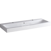 Umywalka GEBERIT iCon 2-stanowiskowa prostokątna, biała, 1200mm, otwór na baterię na środku, z odpływem przelewowym, półka od ściany