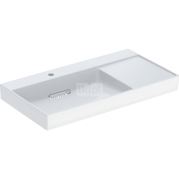 Umywalka GEBERIT ONE prostokątna, biała / KeraTect, 900mm, otwór na baterię na środku, bez odpływu przelewowego, półka z prawej