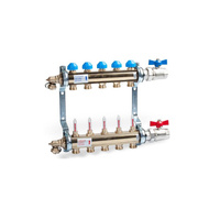 Rozdzielacz z 0-4l/min zasilanie dół, powrót górna, mosiądz, w zestawie obrotowe zawory kulowe, spust/odpowietrzenie HKV-T6-AS25