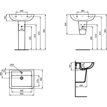 Umywalka IDEAL STANDARD ECCO prostokątna, biała, 600mm, otwór na baterię na środku, wiszący, bez odpływu przelewowego